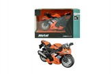 Motorka silniční oranžová kov 12cm na zpětné natažení v krabičce 15x10x9cm