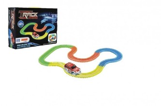 Dráha svítící + auto plast 221ks délka 3,2m na baterie v krabici 35x26x9cm