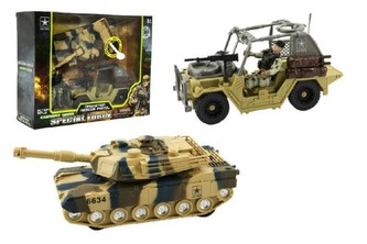 Vojenská sada plast voják+auto+ tank na baterie se světlem se zvukem v krabici 32x26x10cm