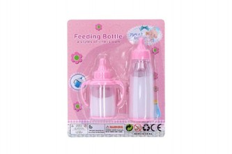 Kojenecká lahvička pro panenky s mlékem 2ks plast 12cm na kartě