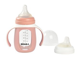 Kojenecká láhev skleněná 2v1 210ml se silikonovou ochranou Pink