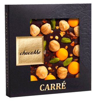 Hořká čokoláda s chilli, pistáciemi, lískovými oříšky a pomerančovými pastilkami