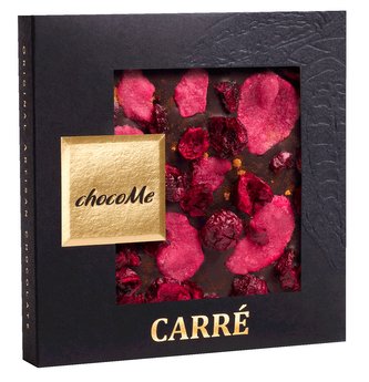 Hořká čokoláda s kandovanými plátky růží, višněmi a skořicí