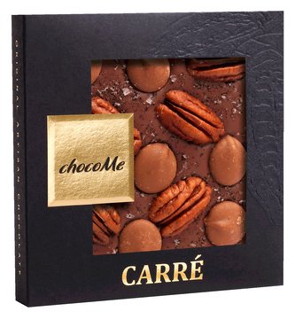 Mléčná čokoláda s pekanovými ořechy, karamelovými pastilkami a mořskou solí s vanilkou Tahiti