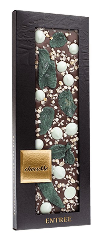 Hořká čokoláda s citronovou kůrou, krystalizovanými lístky máty a pastilkami s limetkovou příchutí