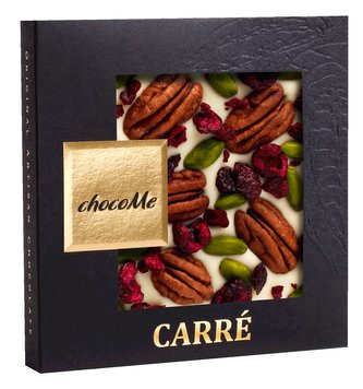 Bílá čokoláda s pistáciemi z Bronte, pekanovými ořechy a kousky višní