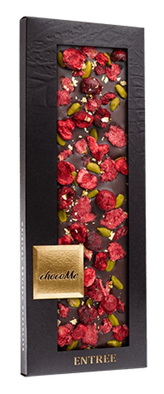 Hořká čokoláda s růžovými lístky, višněmi, pistáciemi z Bronte a 23 karátovým zlatem