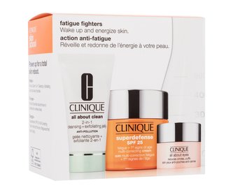 Clinique Fatigue Fighters denní pleťový krém Superdefense Multi-Correcting Cream SPF25 50 ml + oční krém All About Eyes 5 ml + čistící gel All About Clean 2IN1 Cleansing Exfoliating Jelly 30 ml