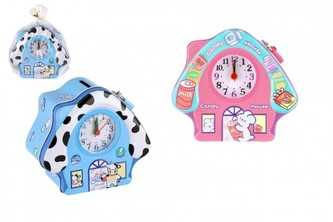 Pokladnička chaloupka s hodinami plechová se zámkem 14,5x13,5cm na baterie 2 barvy v sáčku