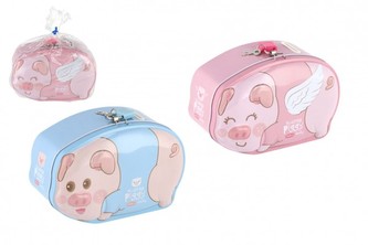 Pokladnička prasátko plechová se zámkem 17x13cm 2 barvy v sáčku