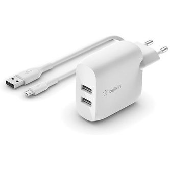 Belkin BOOST CHARGE duální USB-A síťová nabíječka 2x12W, micro-USB kabel, bílá