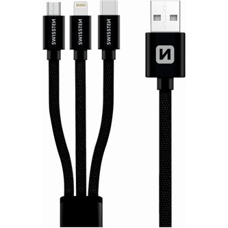SWISSTEN Textile USB 3v1, Lightning MFi/microUSB/USB-C 1,2m černý