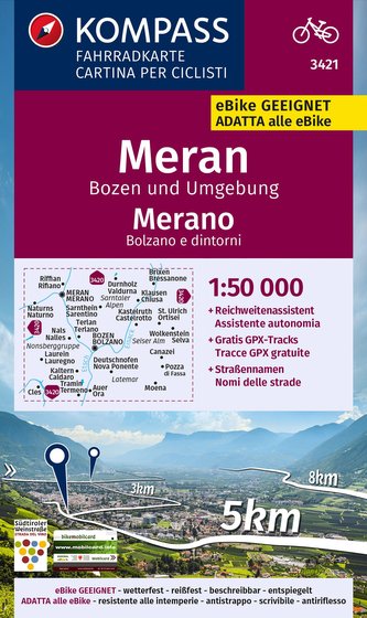 KOMPASS Fahrradkarte 3421 Meran, Bozen und Umgebung, 1:50.000