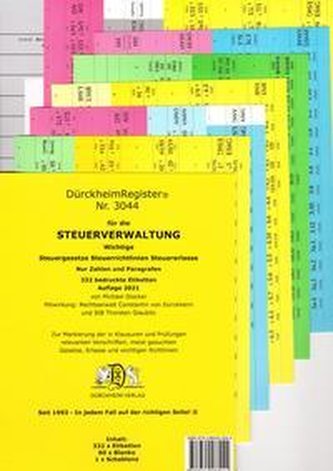 DürckheimRegister® STEUERVERWALTUNG 2022 Register für deine AO-AEAO-ErbStG/R-EStG/R-KStG/R-UStG-UStR-: nur Zahlen und §§, ohne S
