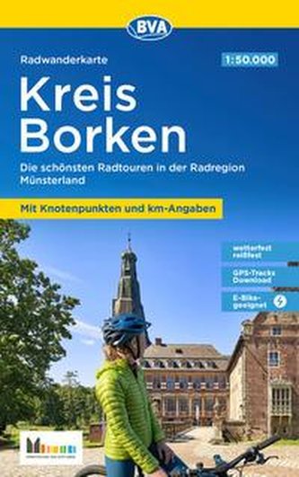 Radwanderkarte BVA Kreis Borken mit Knotenpunkten und km-Angaben, 1:50.000, reiß- und wetterfest, GPS-Tracks Download, E-Bike-ge