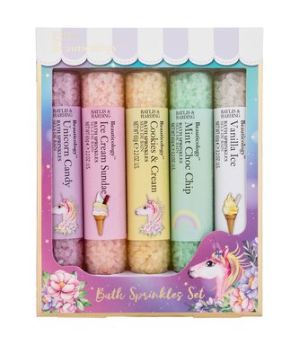 Baylis & Harding Beauticology sůl do koupele Vanilla Ice Bath Sprinkles 65 g + sůl do koupele Mint Choc Chip Bath Sprinkles 65 g + sůl do koupele Cookies & Cream Bath Sprinkles 65 g + sůl do koupele Unicorn Candy Bath Sprinkles 65 g + sůl do koupele Ice C