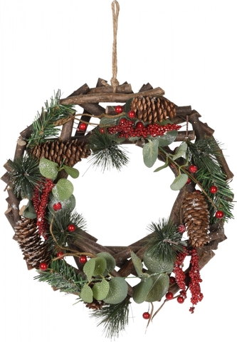 Dřevěný věnec na zavěšení, zdobený červený 30 cm