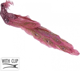 Růžový páv na klipu 9x24x6 cm