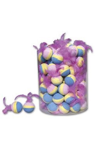 Hračka kočka Míček pěnový s peřím 60ks tubus