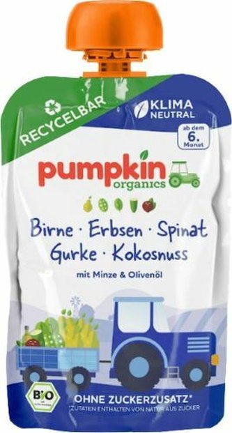 Pumpkin Organics Zeleninové pyré z hrášku a špenátu s hruškou, okurkou, mátou BIO 100 g