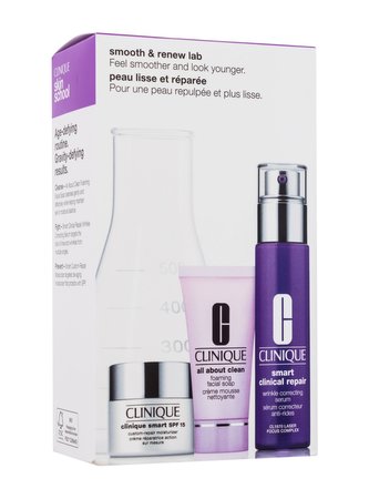 Clinique Smooth & Renew Lab pleťové sérum Smart Clinical Repair Wrinkle Correcting Serum 30 ml + pleťový krém Smart Custom-Repair Moisturizer SPF15 15 ml + pleťové mýdlo All About Clean Foaming Facial Soap 30 ml