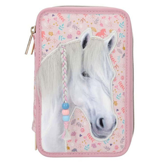 Penál 3 patra s výbavou Miss Melody, Růžový s potiskem, plastická hlava koně