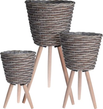 Květináč pletený na dřevěných nohách sada 3 ks