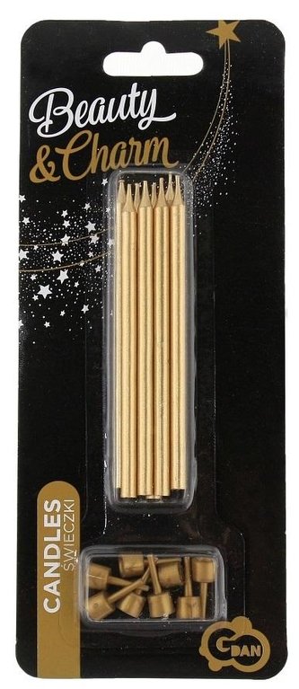Świeczki urodzinowe z podstawkami złote 10cm 8szt