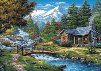 Puzzle 2000 Chatka nad rzeką w górach Puzzle 2000 Chatka nad rzeką w górach