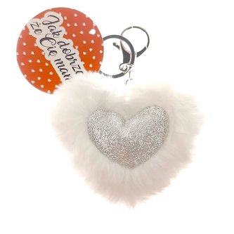 Brelok pompon serce brokat śmietankowy Brelok pompon serce brokat śmietankowy