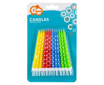 Dortové svíčky barevné s puntíky 11 cm, 24 ks s držátky