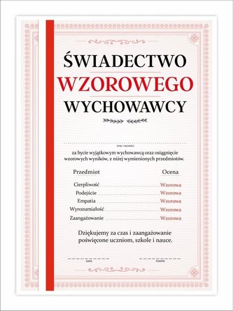 Świadectwo A4 wzorowego wychowawcy - pasek 10szt Świadectwo A4 wzorowego wychowawcy - pasek 10szt