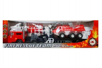 Sada auto kamion a transporter + doplňky hasiči plast na setrvačník v krabici 86x25x14cm