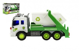 Auto kamion popeláři plast 25cm na baterie se zvukem se světlem na setrvačník v krabici 32x19x11cm