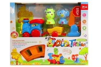 Vláček + koleje pro nejmenší se zvířátky plast na baterie se zvukem se světlem v krabici 37x30x8cm