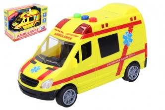 Auto ambulance záchranáři plast 14,5cm na baterie se světlem a zvukem v krabici 18,5x12,5x9cm