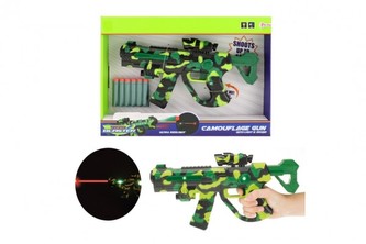 Pistole na pěnové náboje s laserem plast 32cm na baterie se světlem a se zvukem v krabici 38x27x5cm