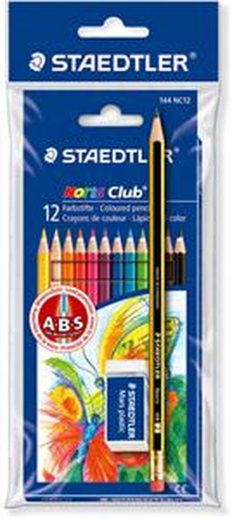 Barevné pastelky "Noris Club" sada+grafitová tužka a pryž, 12 různých barev, šestihranné, STAEDTLER