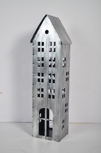 Kovový domeček na čajovou svíčku, stříbrný, 45x12,5x9 cm