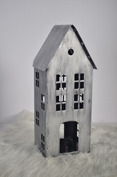 Kovový domeček na čajovou svíčku, stříbrný, 30x13x10,5 cm