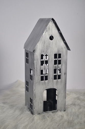 Kovový domeček na čajovou svíčku, stříbrný, 30x13x10,5 cm