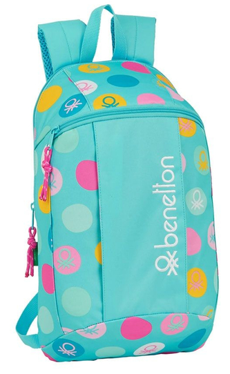Jednoduchý mini batoh Benetton: Turquoise Polka Dots (objem 8,6 litrů|22 x 39 x 10 cm) tyrkysový polyester