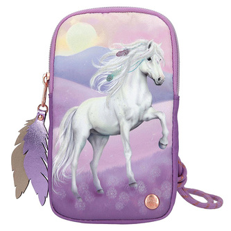 Kapsa na telefon Miss Melody, Fialová s Miss Melody, pastelovou krajinou a pírky | 0411906_A | 20 x 12 x 2 cm