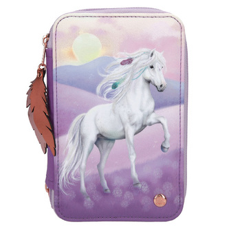 Penál s výbavou Miss Melody, Fialový s Miss Melody, pastelovou krajinou a pírky, třípatrový | 0411722_A | 20 x 13 x 7 cm