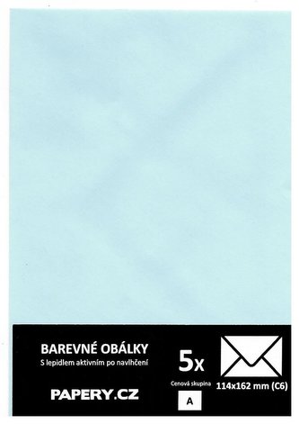 barevná obálka 114X162 MODRÁ SVĚTLÁ, 5 kusů, 100 gm2, olizová