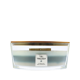 WoodWick Icy Woodland svíčka loď Trilogy 453,6g