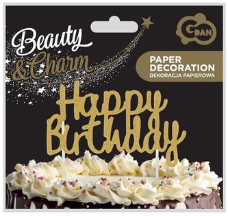 Dekorace na dort zlatá Happy Birthday 11x14 cm