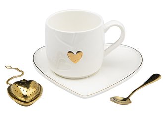 DÁRKOVÝ HRNEK SE SÍTKEM, LŽIČKOU A TALÍŘKEM HEART 320 ML