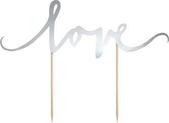 PartyDeco zapichovací dekorace na dort stříbrná Love