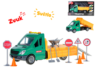 Auto sklápěčka 27cm na setrvačník na baterie se světlem a zvukem s dopravními značkami v krabičce